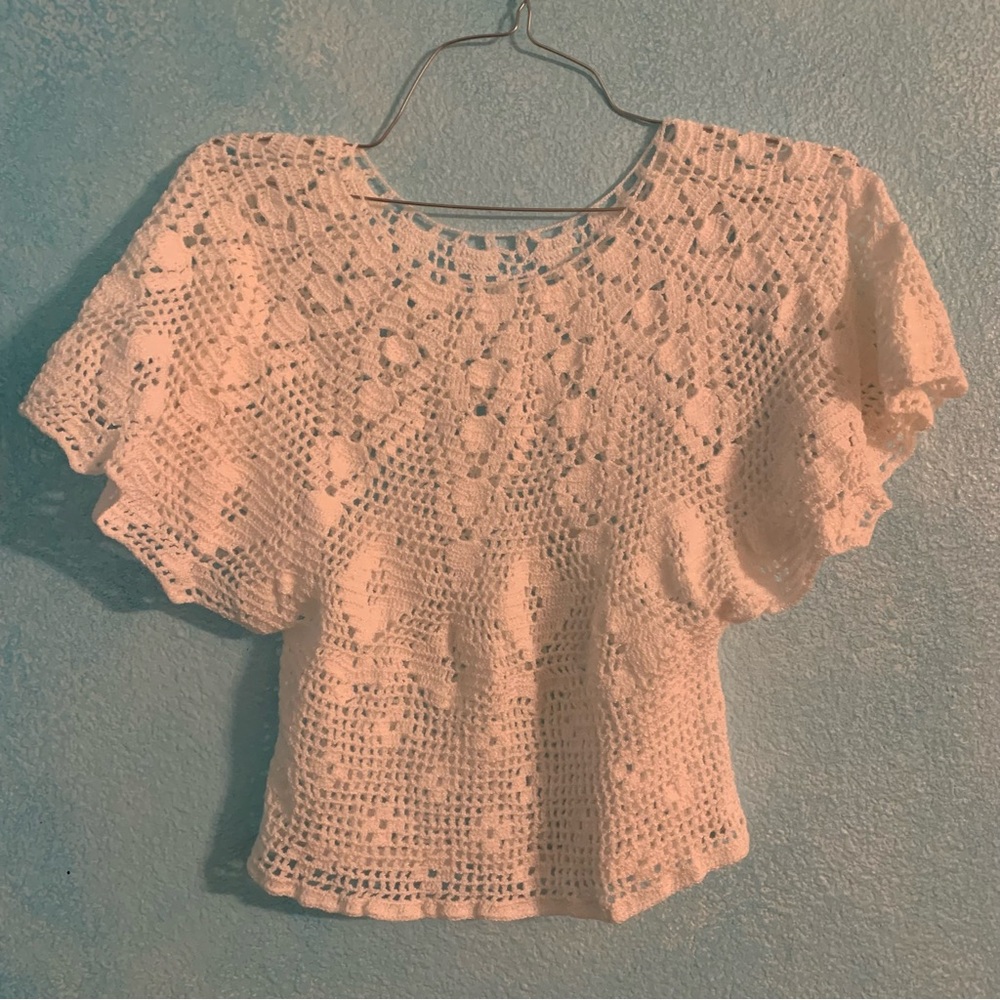 Handmade Crochet flutter sleeve shirt White FairyCore Whimsigoth Coquette small